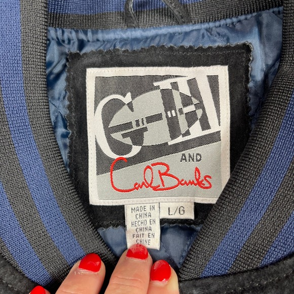 GIII & Carl Banks NFL FedEx Suede Leather Bomber‎ Jacket Mens Large Blue Black - Picture 8 of 13